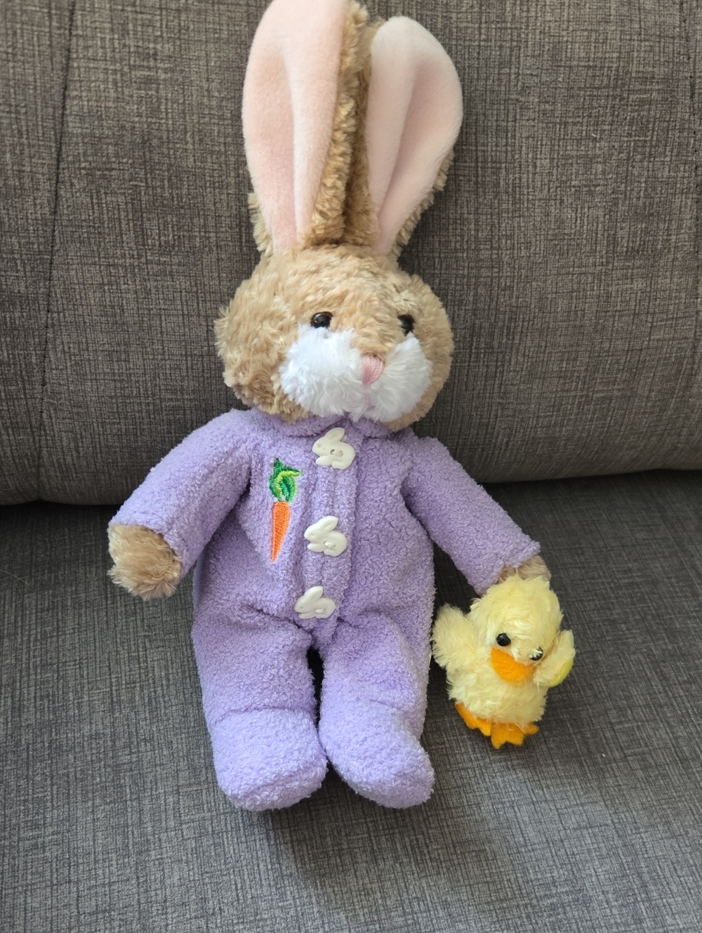 Plush Bunny in Lavender Onesie with Chick Vintage Plushland